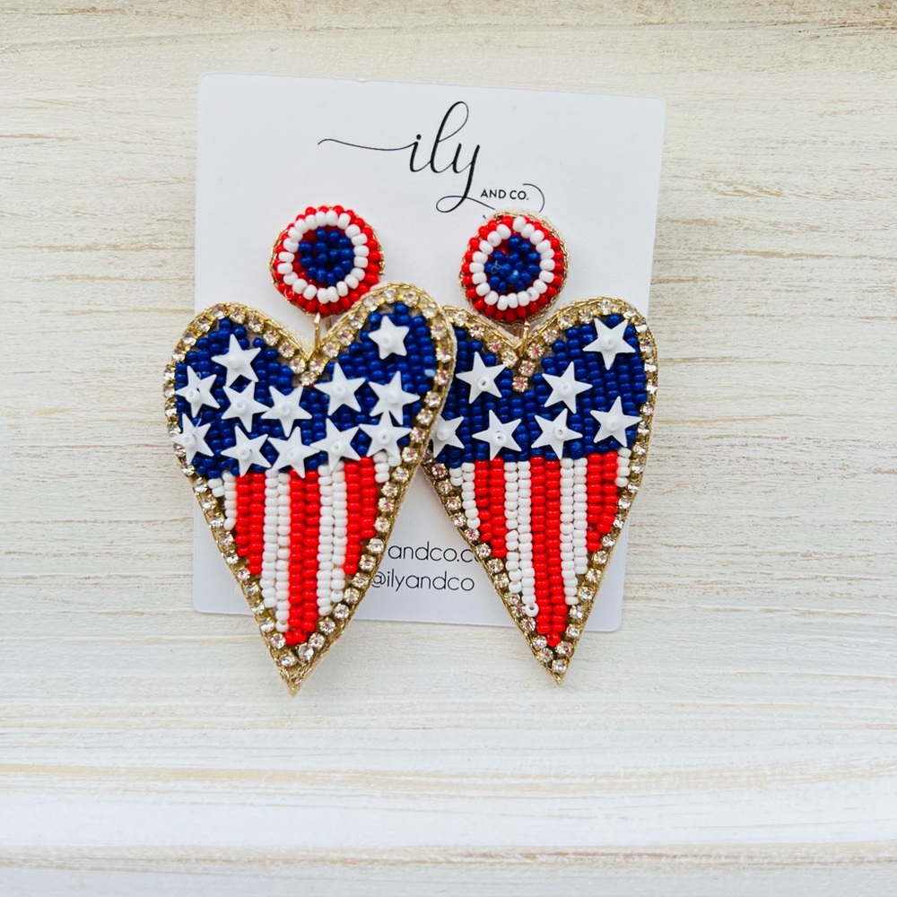 New American Flag Heart Earrings | USA Patriotic | Lightweight Beaded Boutique